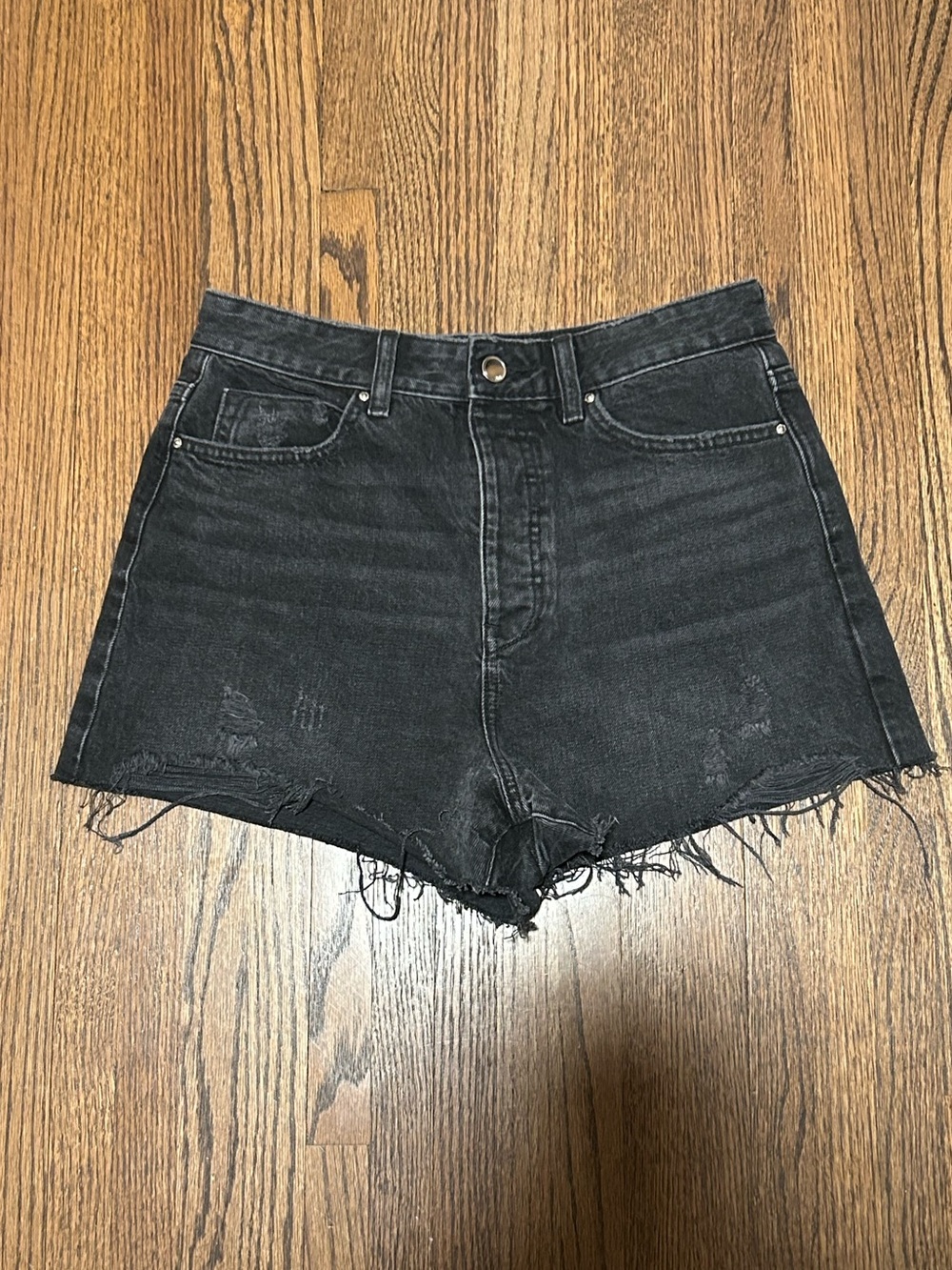 Zara Black Distressed Denim Cutoff Shorts Size 6 High Rise Raw Hem